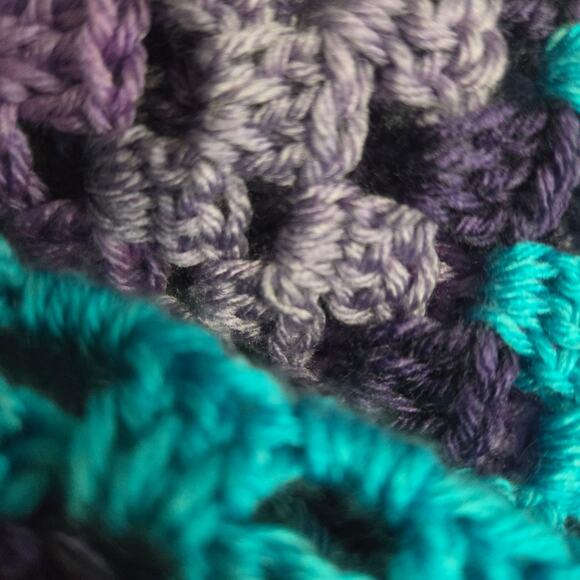 Hand Knit Crochet Shawl Blue Ombre Blanket Wrap Triangle Granny Squares One Size - Picture 12 of 16